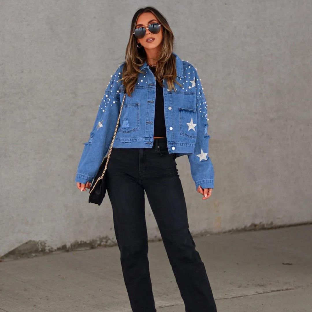 Vina - Trendige Jeansjacke mit Perlenverzierung für Damen