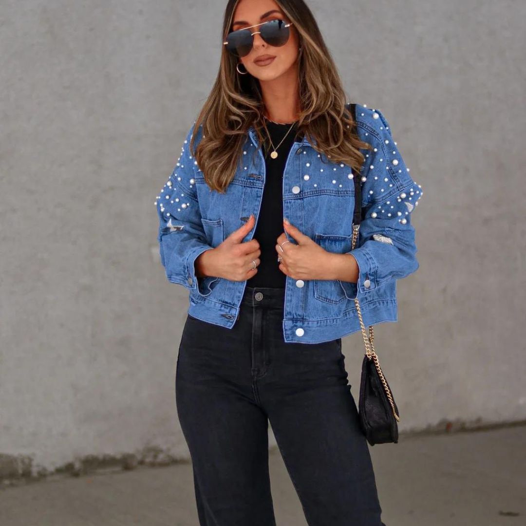 Vina - Trendige Jeansjacke mit Perlenverzierung für Damen