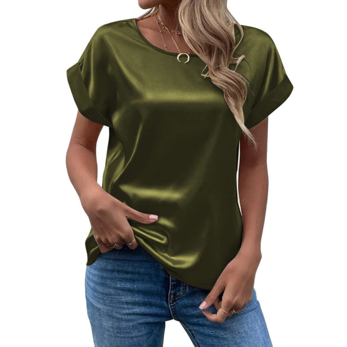 Glänzende Satin Kurzarm Bluse Für Damen