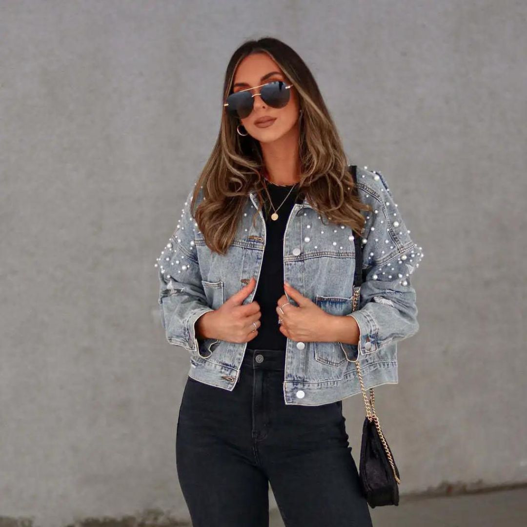 Vina - Trendige Jeansjacke mit Perlenverzierung für Damen