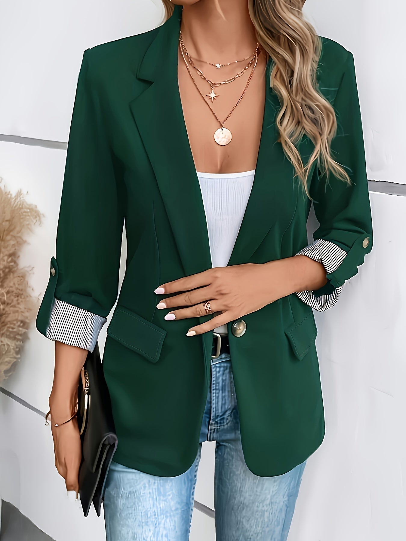 Eleganter Blazer Mit Reverskragen, Umgeschlagenen Ärmeln Und Seitentaschen Für Damen | Ideal für das tägliche Tragen