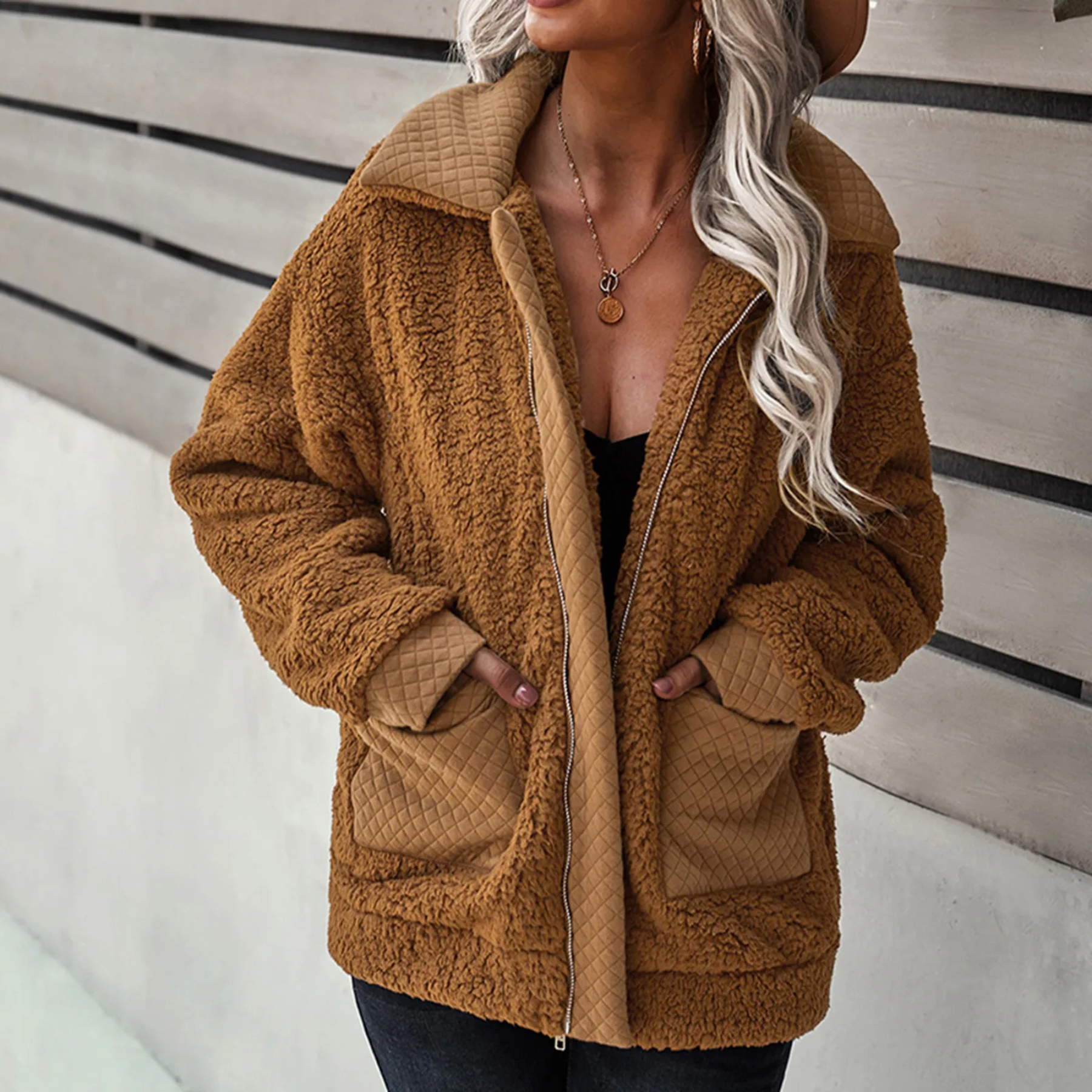 Carolyn - Teddy-Mantel mit Reißverschluss für Herbst und Winter für Damen