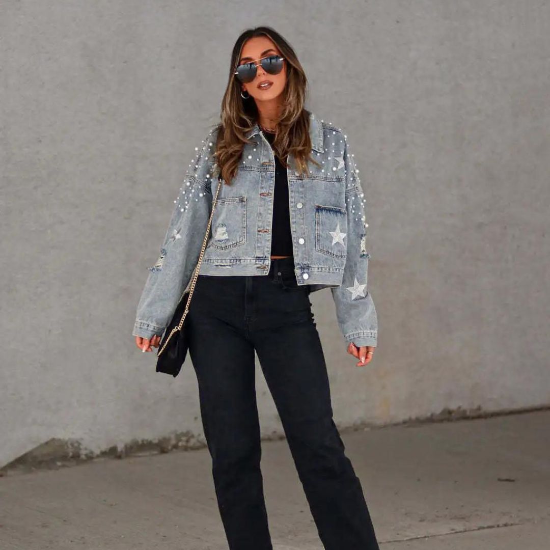Vina - Trendige Jeansjacke mit Perlenverzierung für Damen