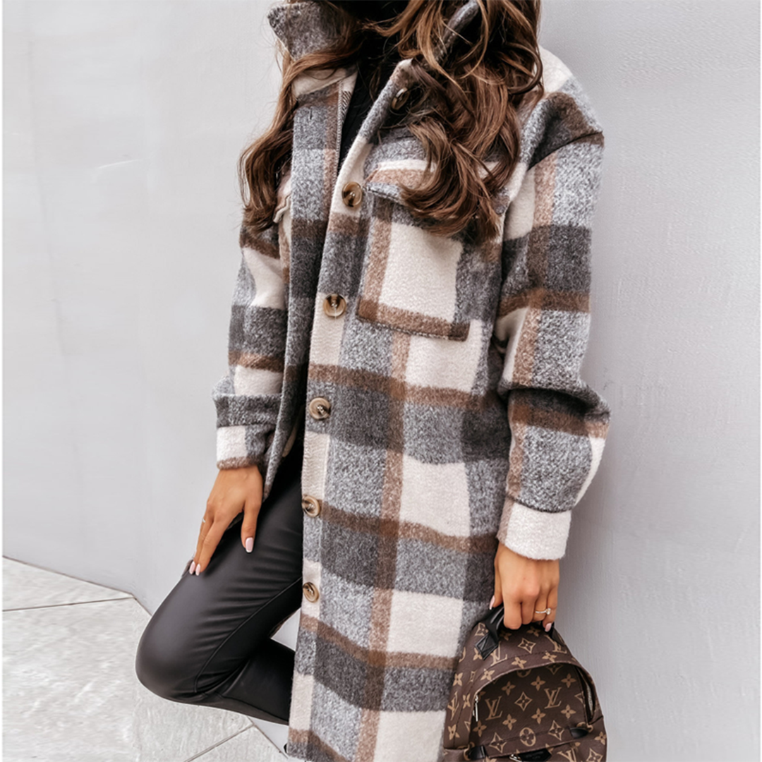 Karina - Eleganter Karierter Langer Mantel für Herbst und Winter für Damen