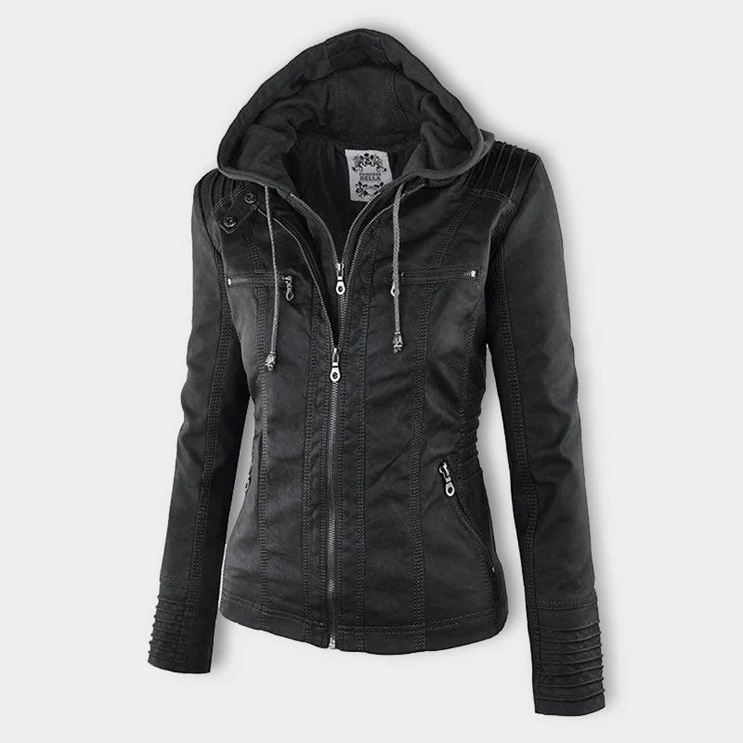 Lässige vegane Lederjacke mit Kapuze für Damen | Ideal für den Winter