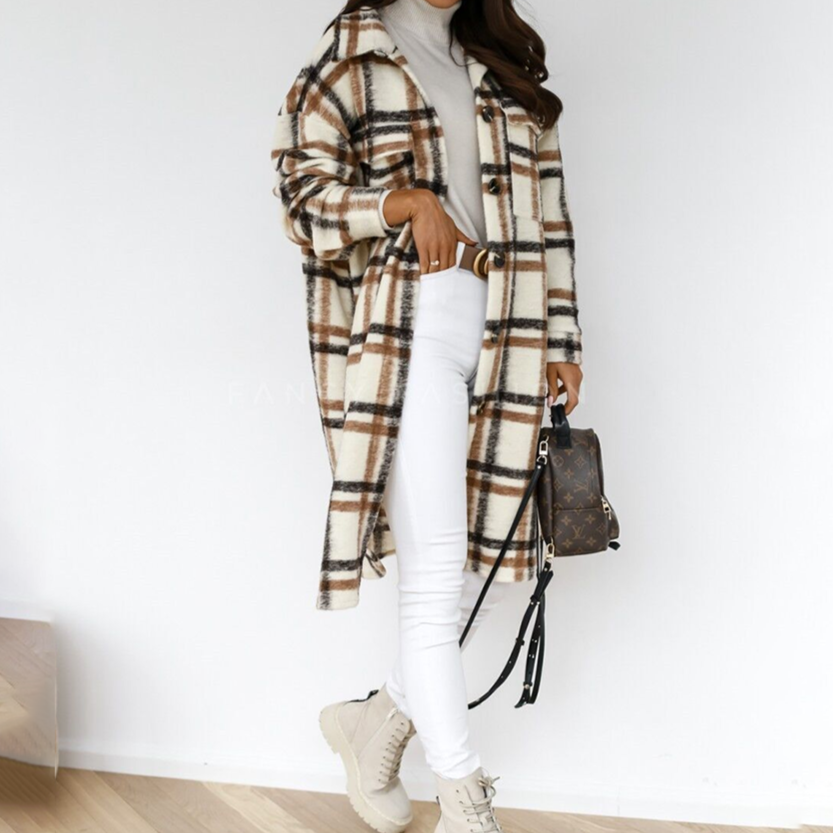 Karina - Eleganter Karierter Langer Mantel für Herbst und Winter für Damen