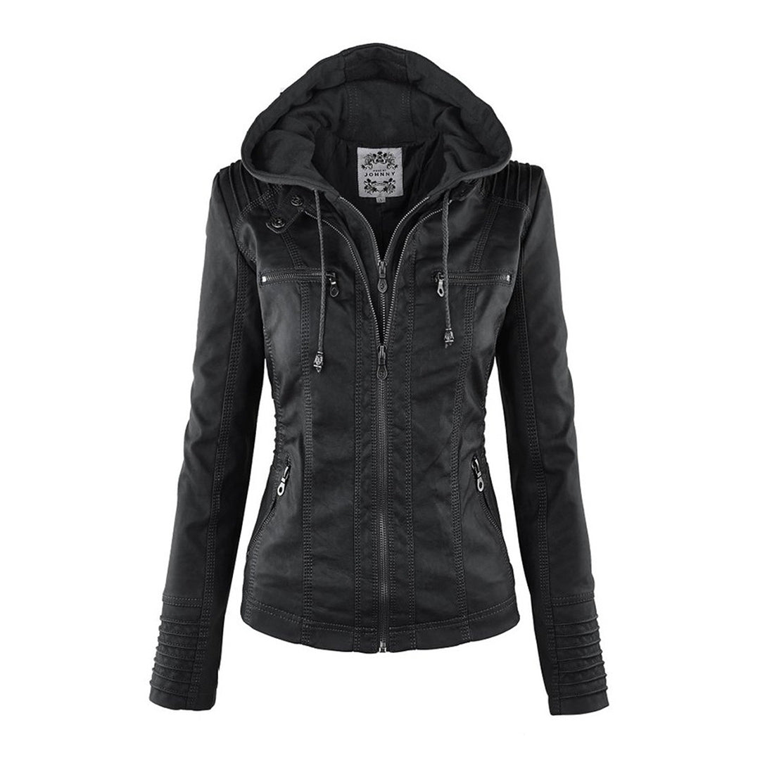 Lässige vegane Lederjacke mit Kapuze für Damen | Ideal für den Winter