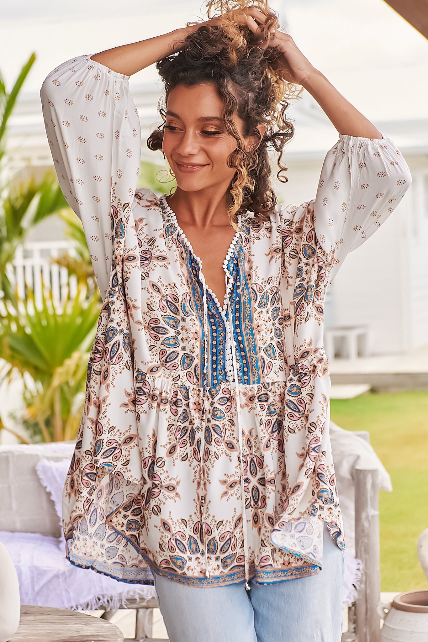 Calypso | Boho-Blusentop mit Edelsteinprint