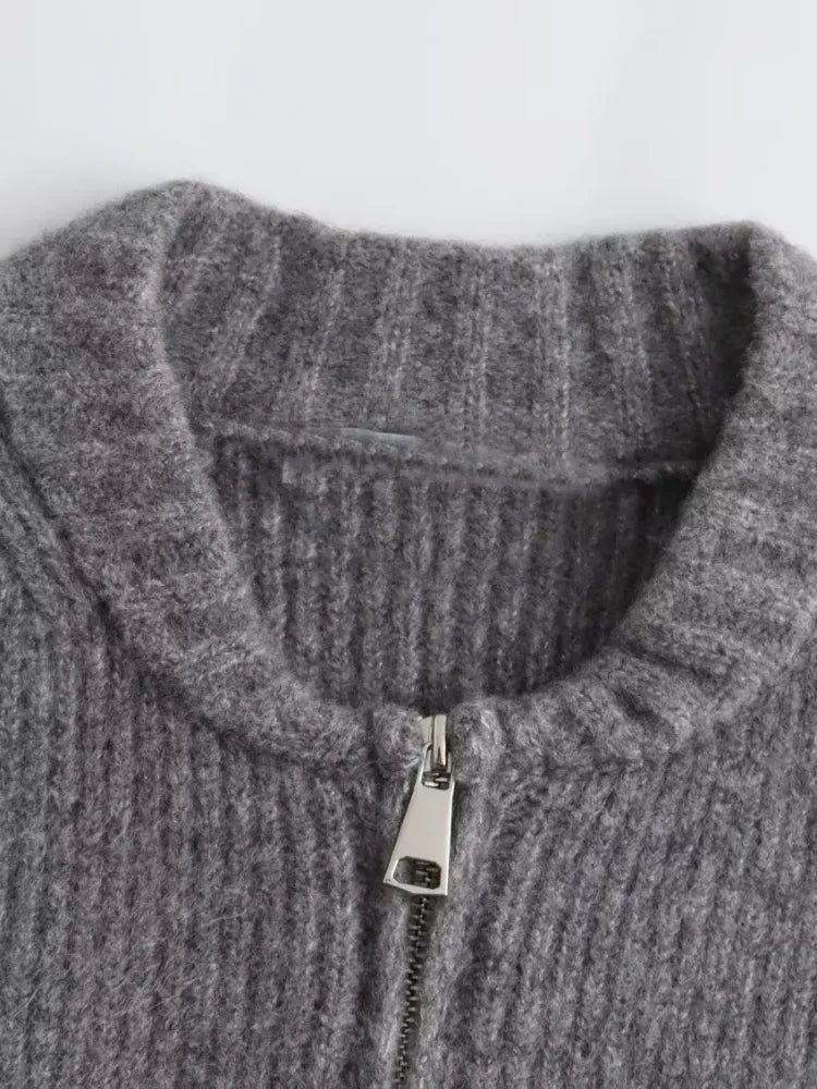 Nellie - Eleganter Grauer O-Neck Strickmantel für Damen