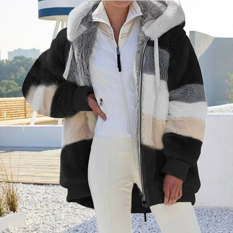 Lässiger Oversize-Fleece-Mantel mit Kunstfell für Damen | Ideal für den Winter