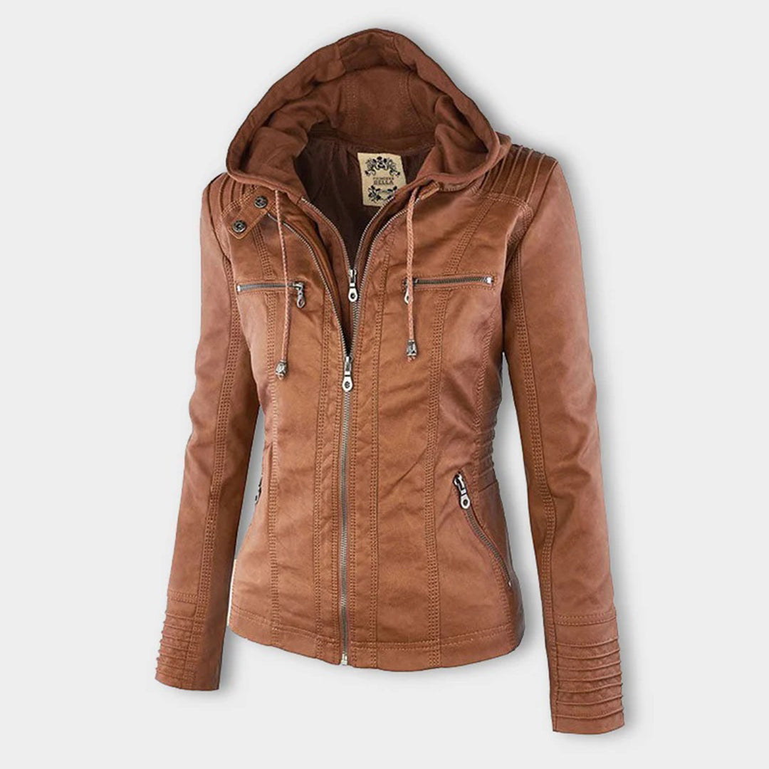 Lässige vegane Lederjacke mit Kapuze für Damen | Ideal für den Winter