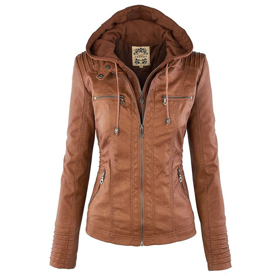 Lässige vegane Lederjacke mit Kapuze für Damen | Ideal für den Winter