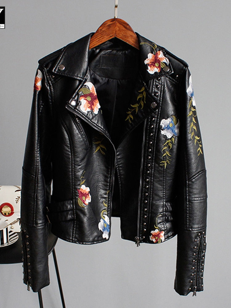 Lexi - Elegante Lederjacke mit gestickten Blumen für Damen