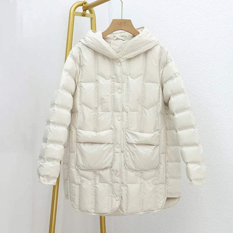 Elouisa - Mittellange Entendaunen-Winterjacke mit Kapuze für Frauen
