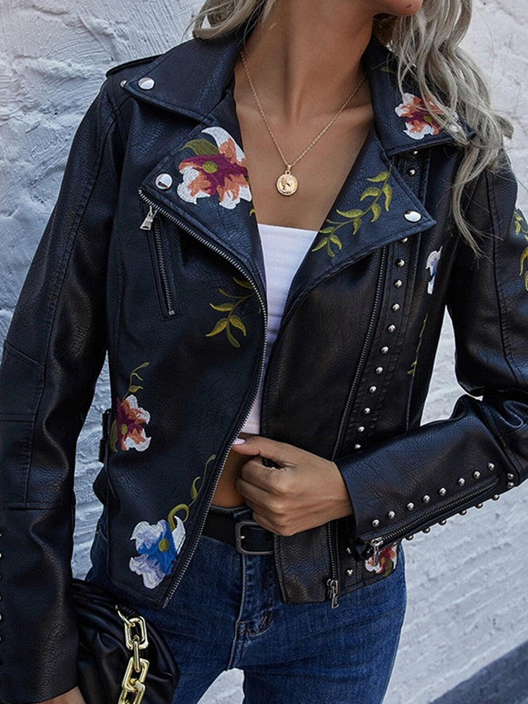 Lexi - Elegante Lederjacke mit gestickten Blumen für Damen