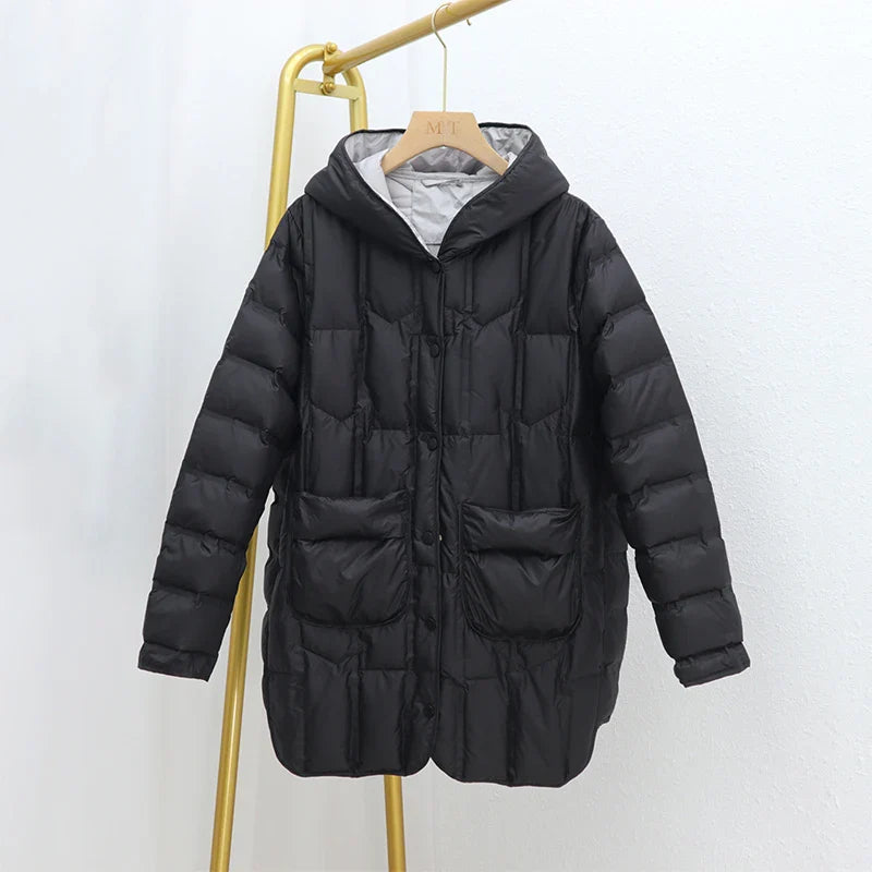 Elouisa - Mittellange Entendaunen-Winterjacke mit Kapuze für Frauen