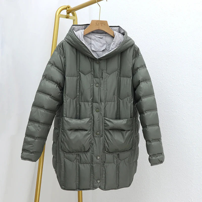 Elouisa - Mittellange Entendaunen-Winterjacke mit Kapuze für Frauen