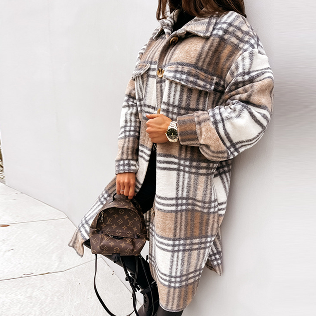 Karina - Eleganter Karierter Langer Mantel für Herbst und Winter für Damen
