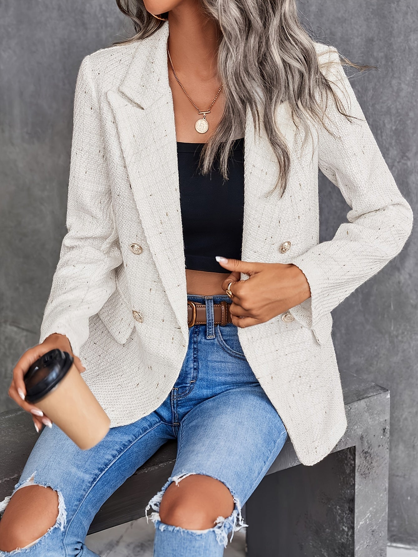 Eleganter Tweed-Doppelreiher-Blazer Mit Reverskragen In Beige Für Damen | Ideal für das tägliche Tragen