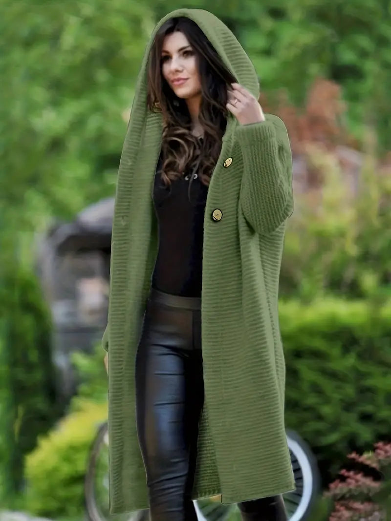 Lila - Strickjacke mit Knöpfen, langen Ärmeln und Kapuze