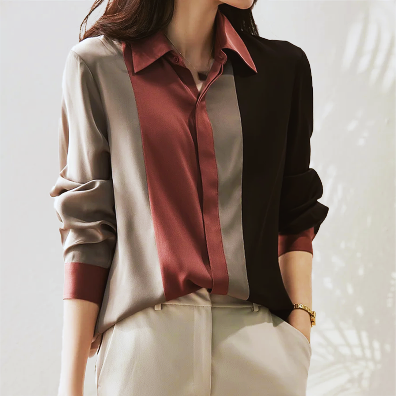 Clara - Elegante Herbst-Patchwork-Gestreifte Satinbluse für Damen
