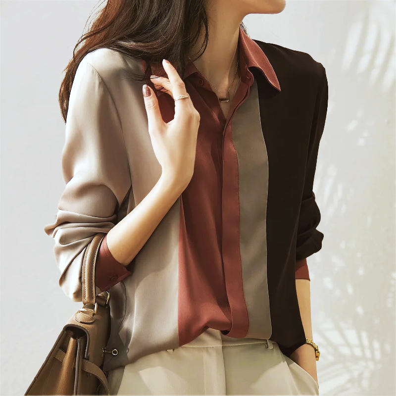 Clara - Elegante Herbst-Patchwork-Gestreifte Satinbluse für Damen