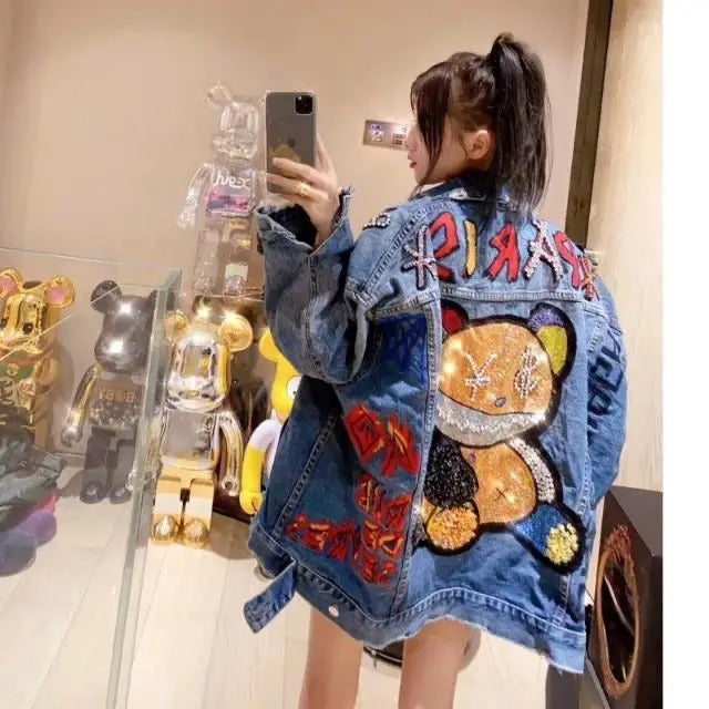 Astrid - Glitzernde Cartoon-Diamant-Denim-Jacke