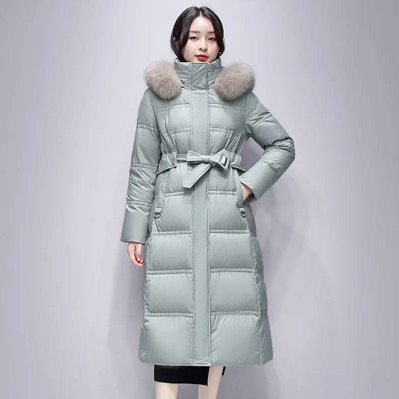 Jeanette - Längere Entendaunen-Winterjacke mit Gürtel für Frauen