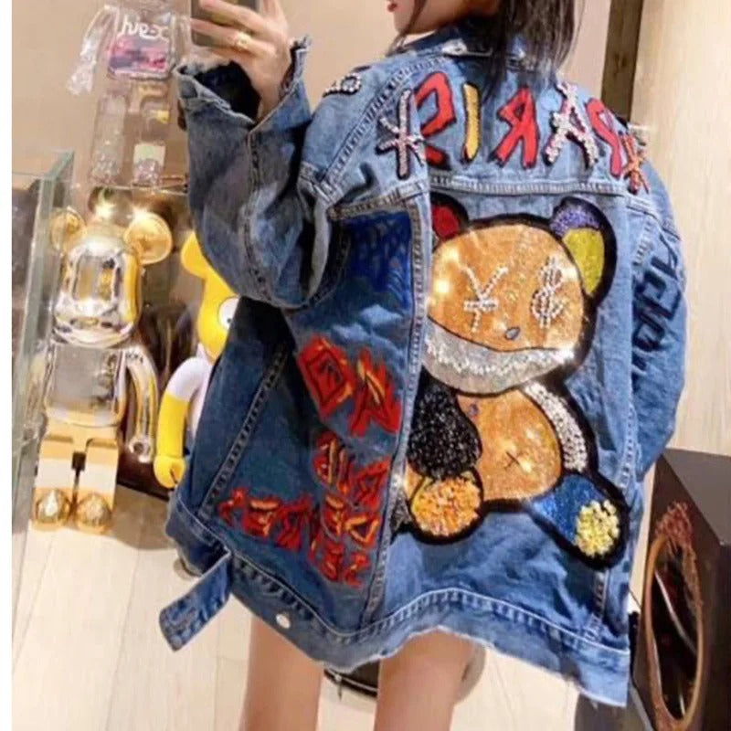 Astrid - Glitzernde Cartoon-Diamant-Denim-Jacke