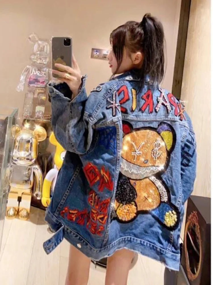 Astrid - Glitzernde Cartoon-Diamant-Denim-Jacke