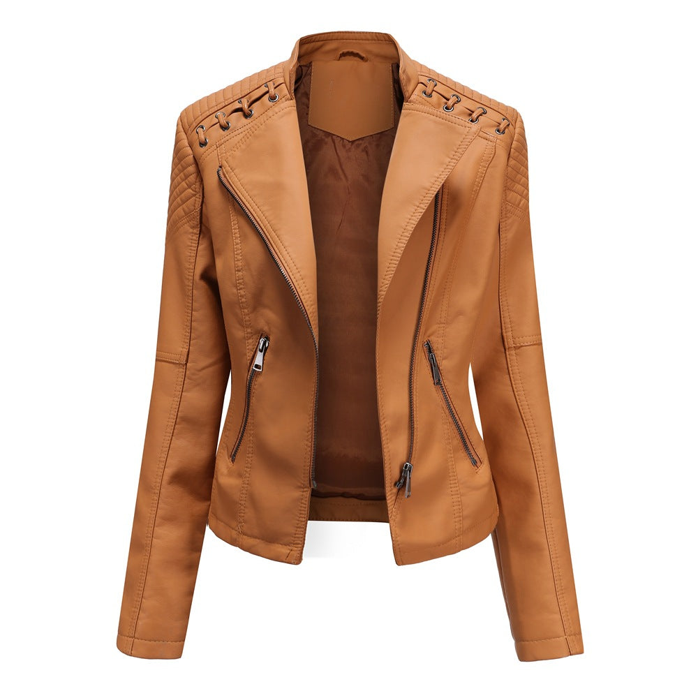 Lässige, schmal geschnittene vegane Lederjacke mit Schulterstitching für Damen | Ideal für den Winter