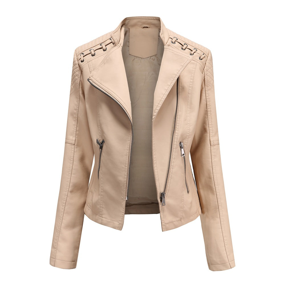 Lässige, schmal geschnittene vegane Lederjacke mit Schulterstitching für Damen | Ideal für den Winter