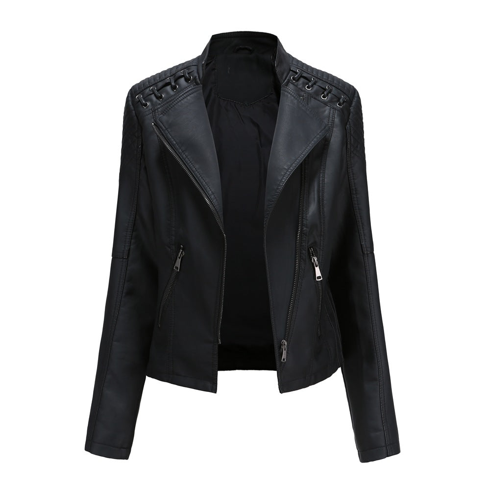 Lässige, schmal geschnittene vegane Lederjacke mit Schulterstitching für Damen | Ideal für den Winter