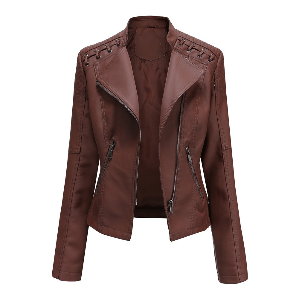 Lässige, schmal geschnittene vegane Lederjacke mit Schulterstitching für Damen | Ideal für den Winter