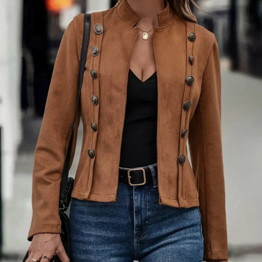 Damen Wildlederblazer mit Reverskragen und Metallknöpfen