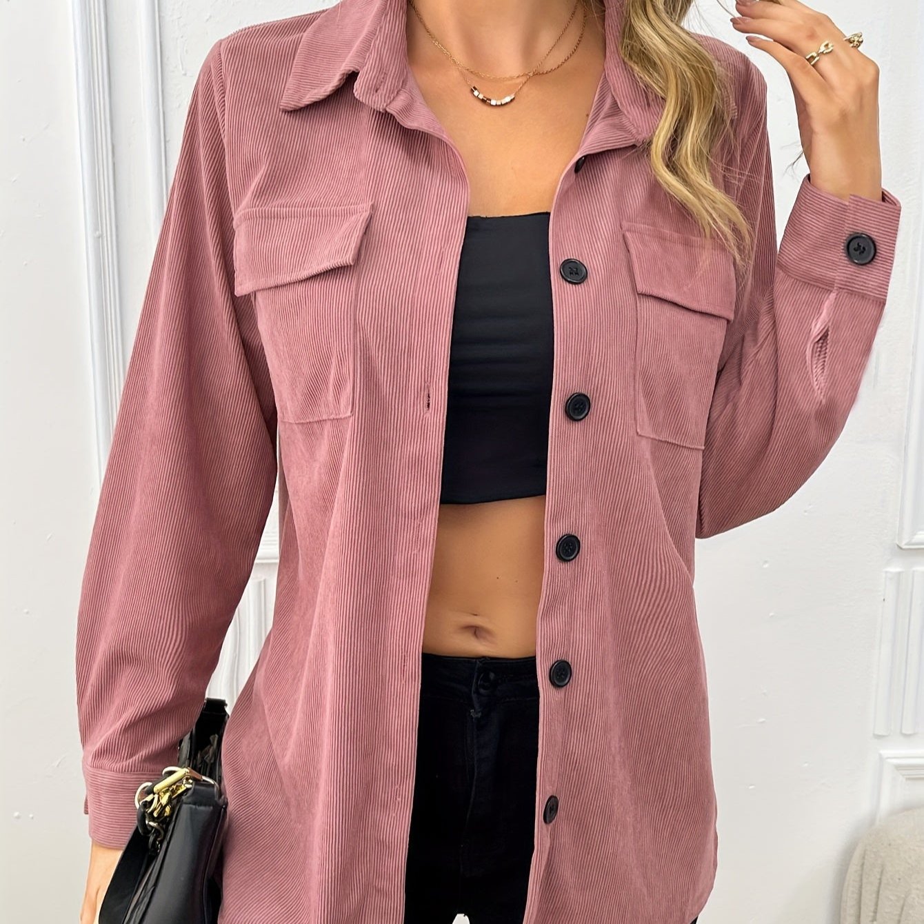 Cathy - Rosa Hemdjacke mit Brusttaschen für Herbst und Winter für Damen