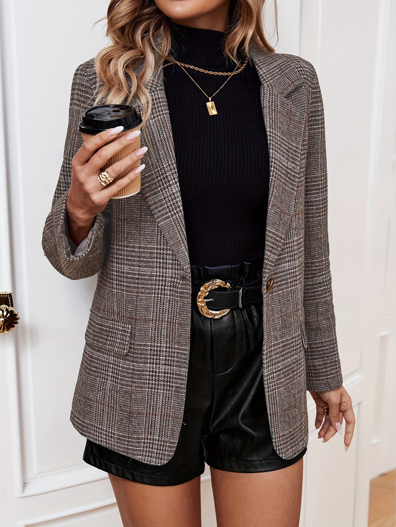 Stilvoller Langer Blazer Mit Reverskragen Und Karomuster Für Damen |  Ideal für das tägliche Tragen