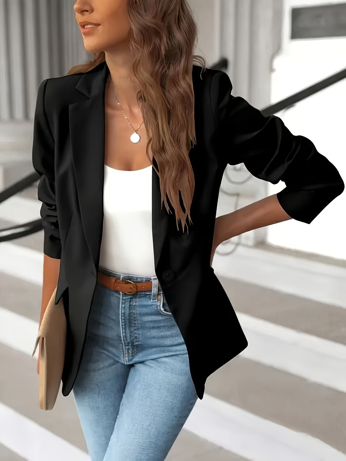 Trendiger Einfarbiger Offener Blazer Mit Seitentaschen Für Damen |  Ideal für das tägliche Tragen