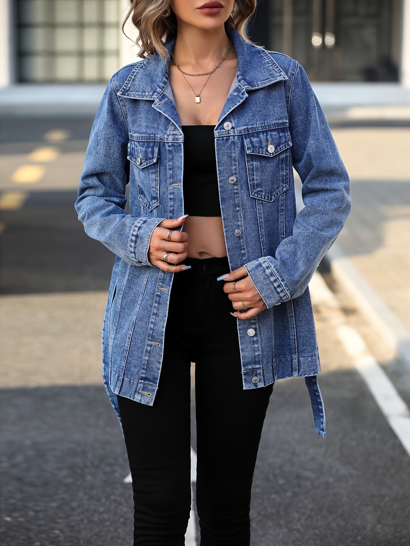 Henna - damen denim-mantel mit klappentaschen
