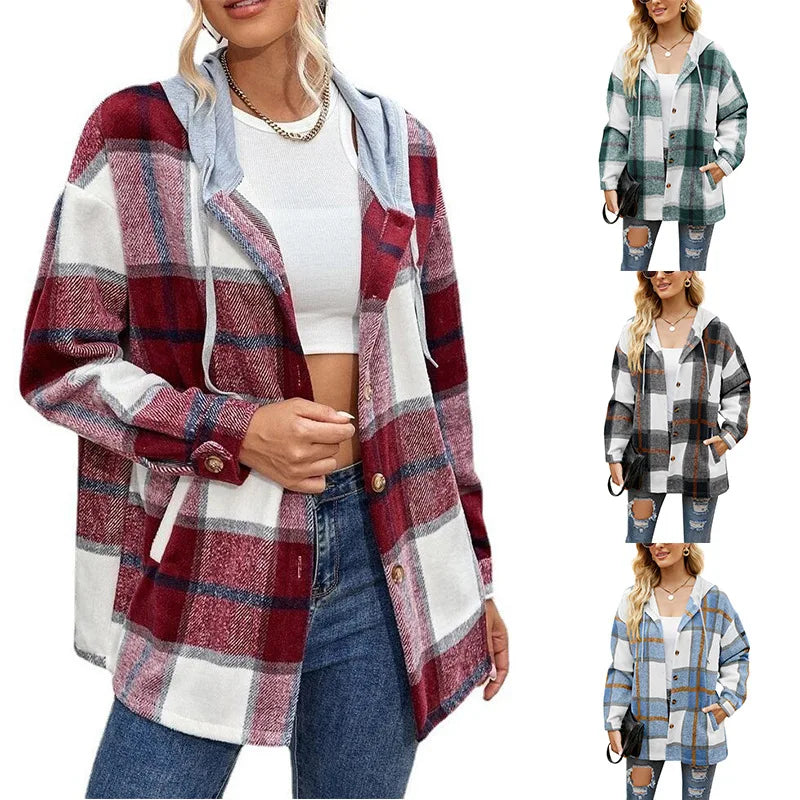 Illeah - Stilvoller Karierter Mantel mit Kapuze für Damen