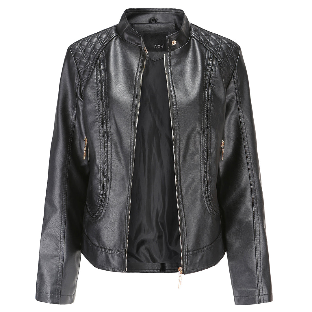 Lässige, biker-inspirierte vegane Lederjacke mit Reissverschlussdetails für Damen | Ideal für den Winter