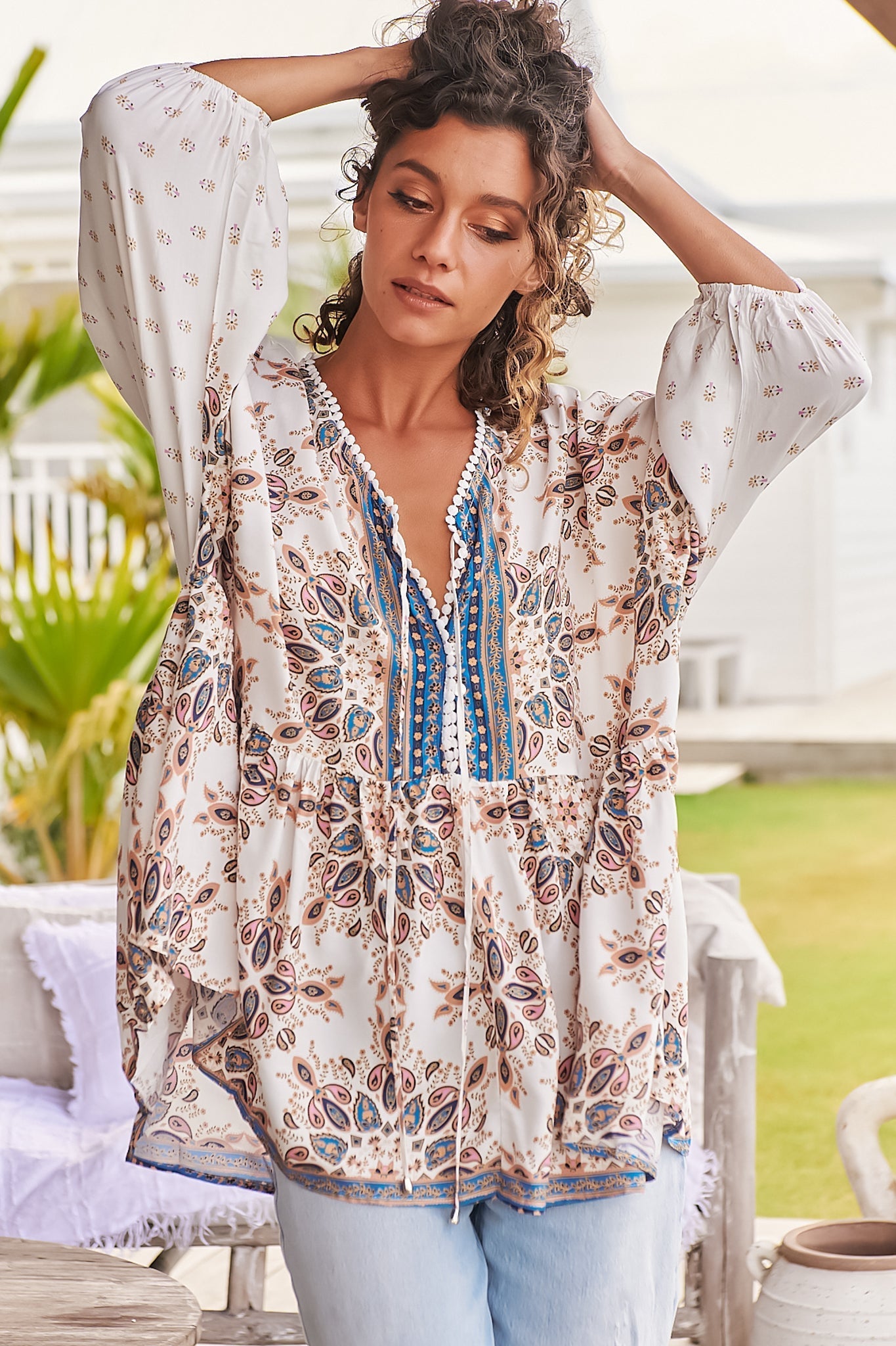 Calypso | Boho-Blusentop mit Edelsteinprint