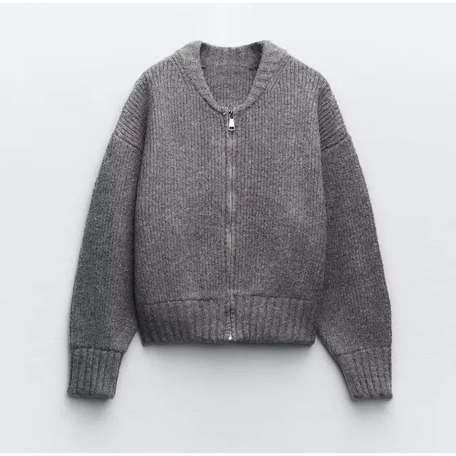 Nellie - Eleganter Grauer O-Neck Strickmantel für Damen