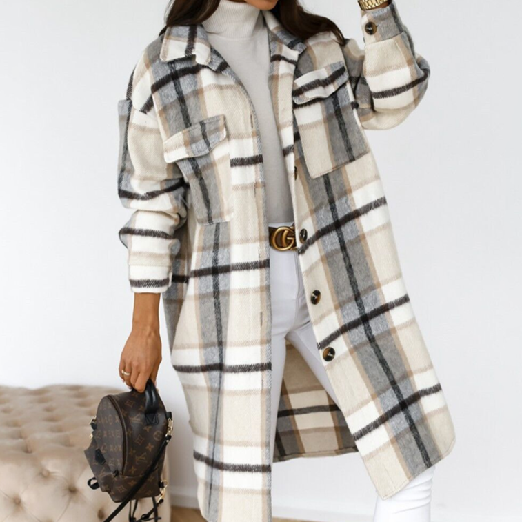 Karina - Eleganter Karierter Langer Mantel für Herbst und Winter für Damen