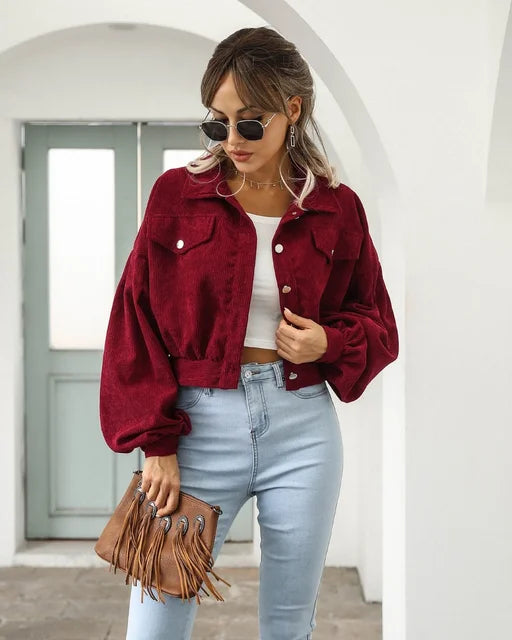 Tonie – Dames Corduroy Cropped Bomberjacke mit Lantaarnmouwen