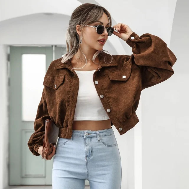 Tonie – Dames Corduroy Cropped Bomberjacke mit Lantaarnmouwen