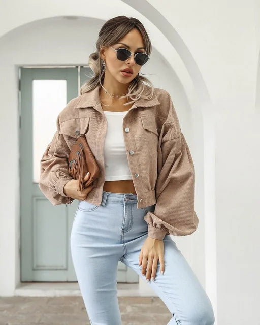 Tonie – Dames Corduroy Cropped Bomberjacke mit Lantaarnmouwen