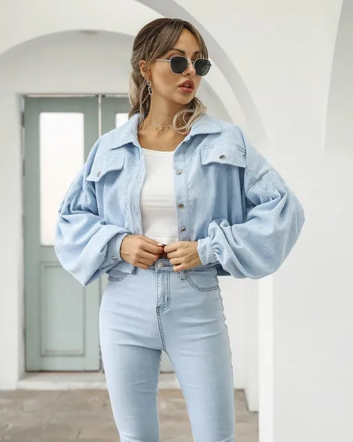 Tonie – Dames Corduroy Cropped Bomberjacke mit Lantaarnmouwen