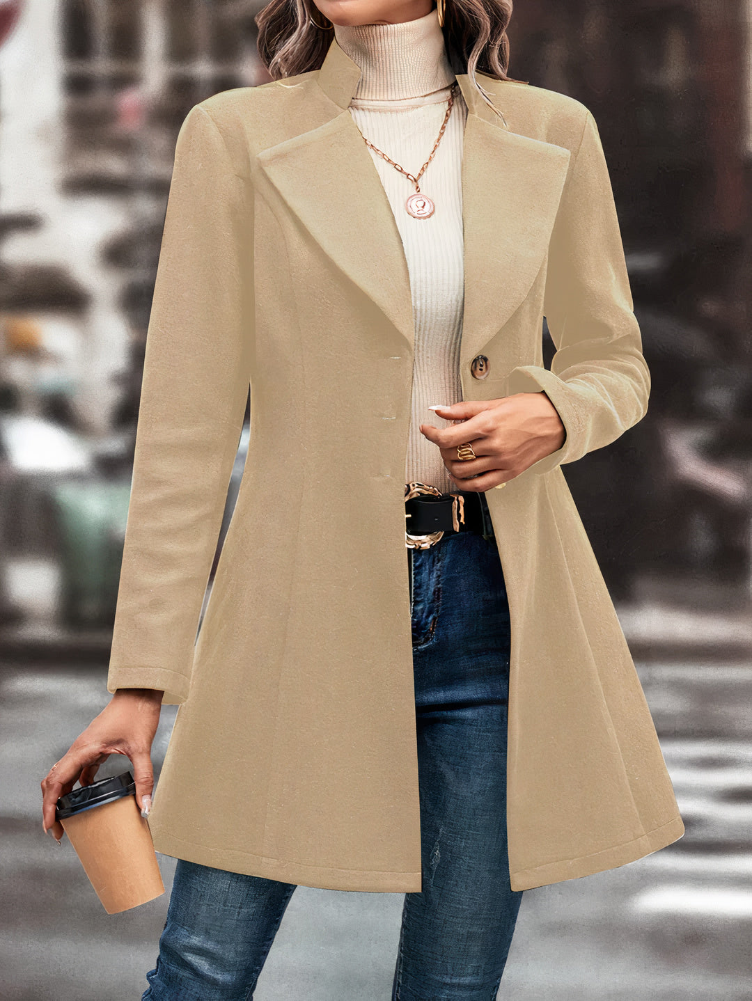 Damen Mid-Length Longline Mantel mit Reverskragen