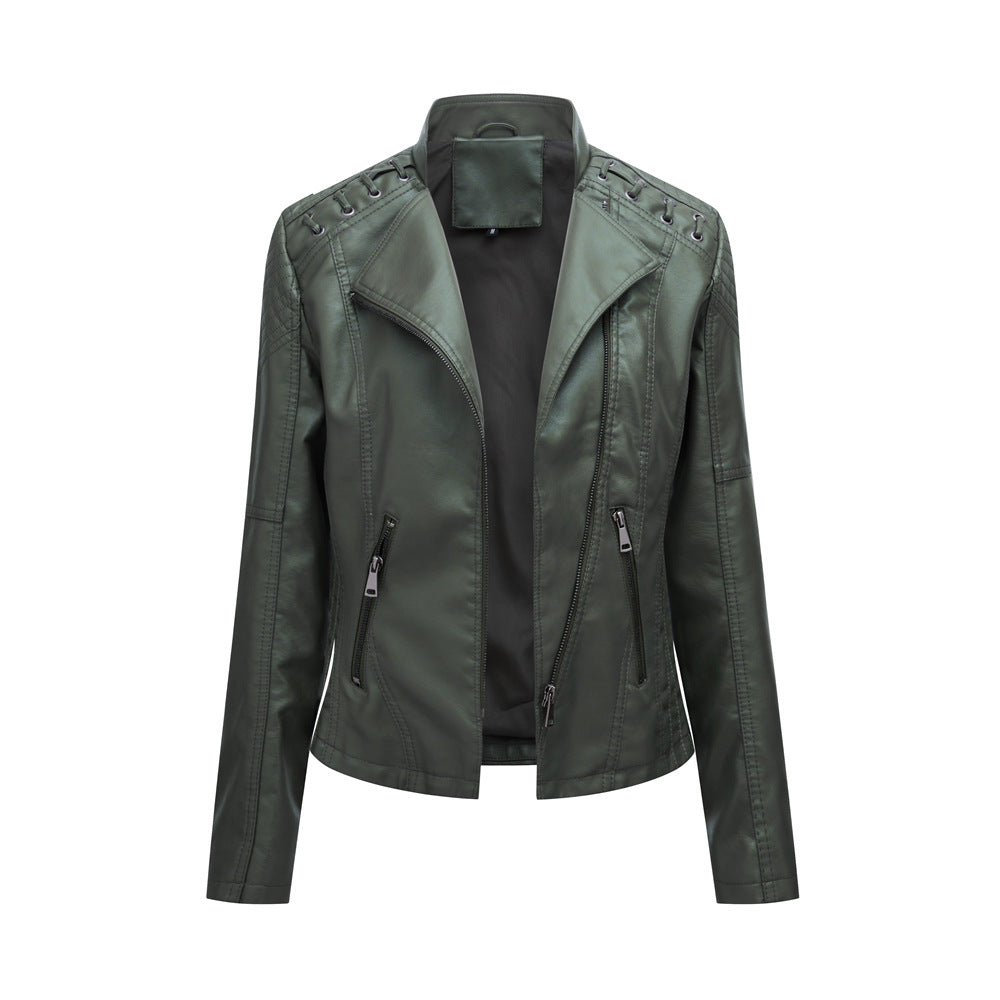 Lässige, schmal geschnittene vegane Lederjacke mit Schulterstitching für Damen | Ideal für den Winter